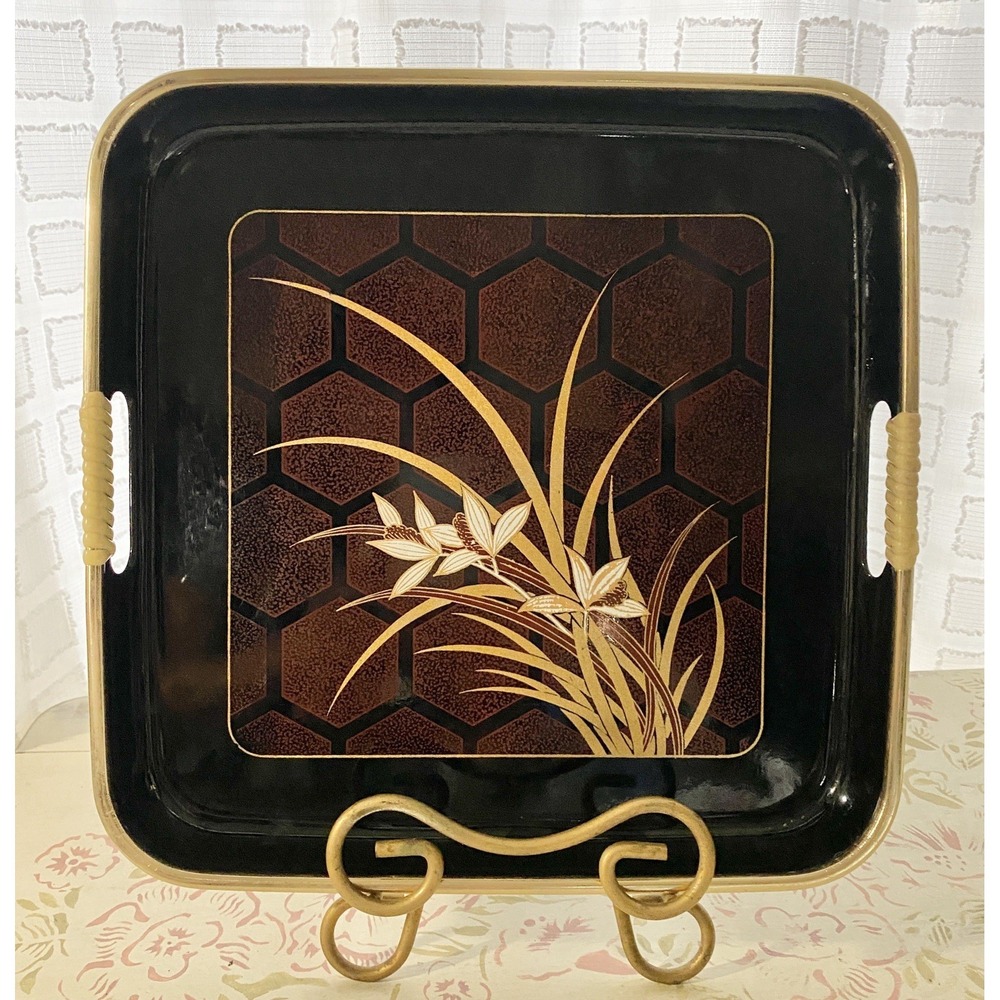 Himark Japanese Black Lacquer Ware Tray Gold RED Floral Square 10" MCM Asian